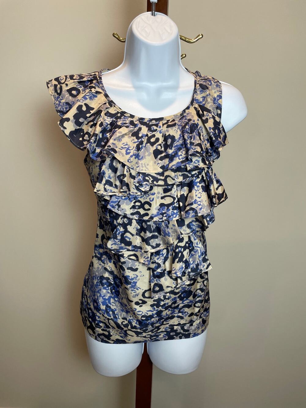 Cabi Silk Top Size XS Beige Blue Ruffle Detail
